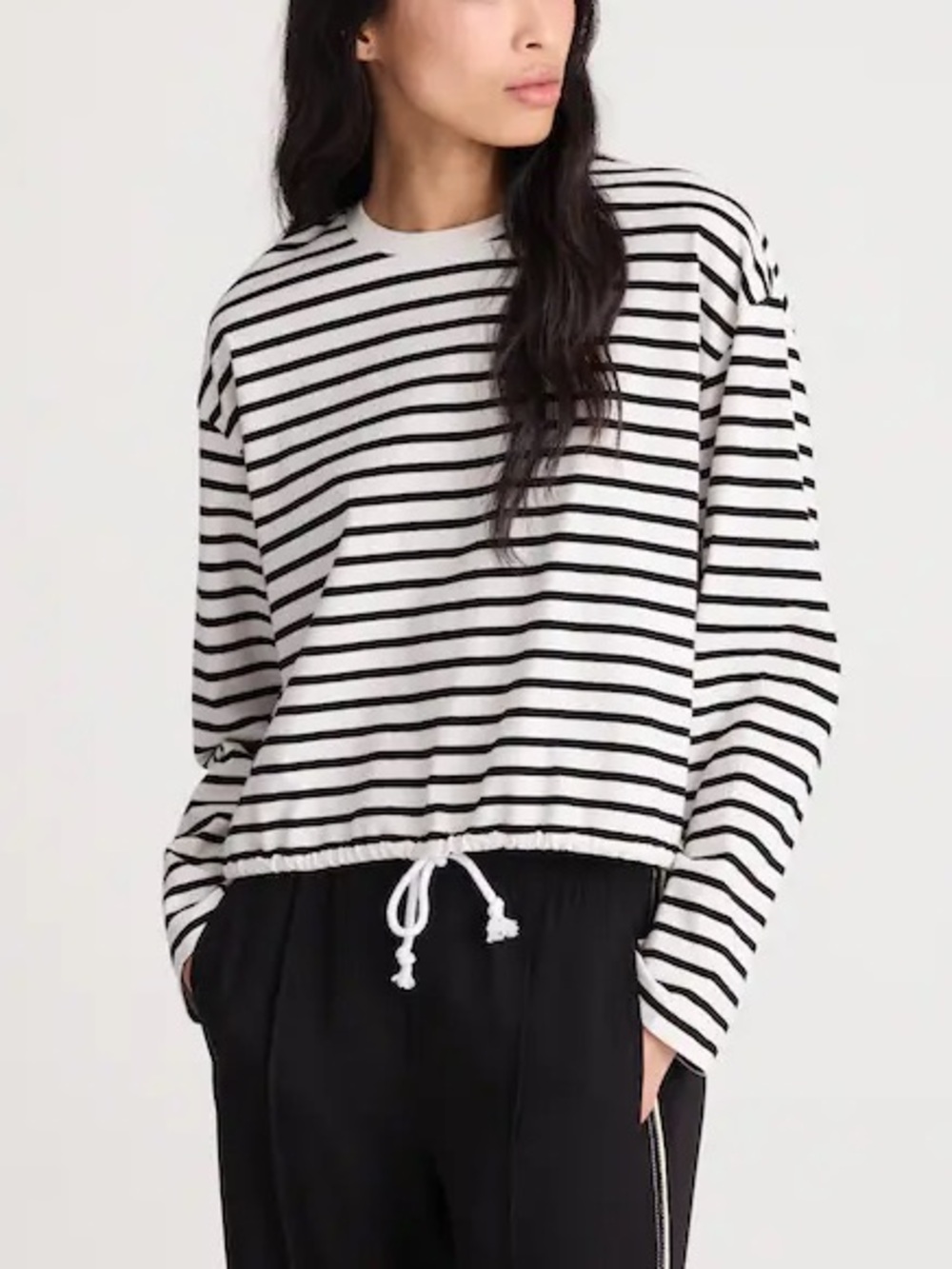 Madewell The Perfect Tie-Waist Tee Allday Jersey Black White Striped Long Sleeve